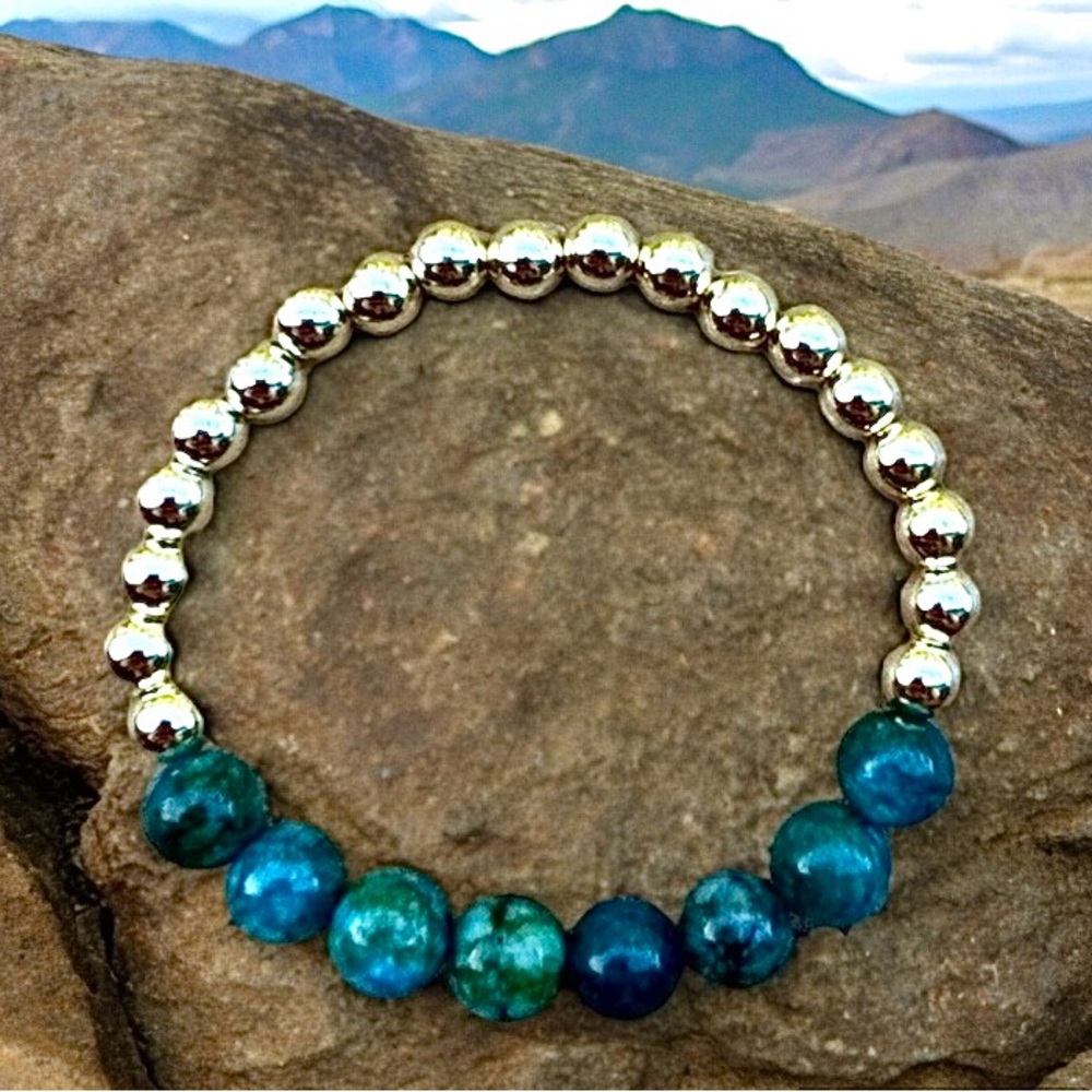 Blue Apatite Bracelet gold beads stretch waterproof gemstone bracelets